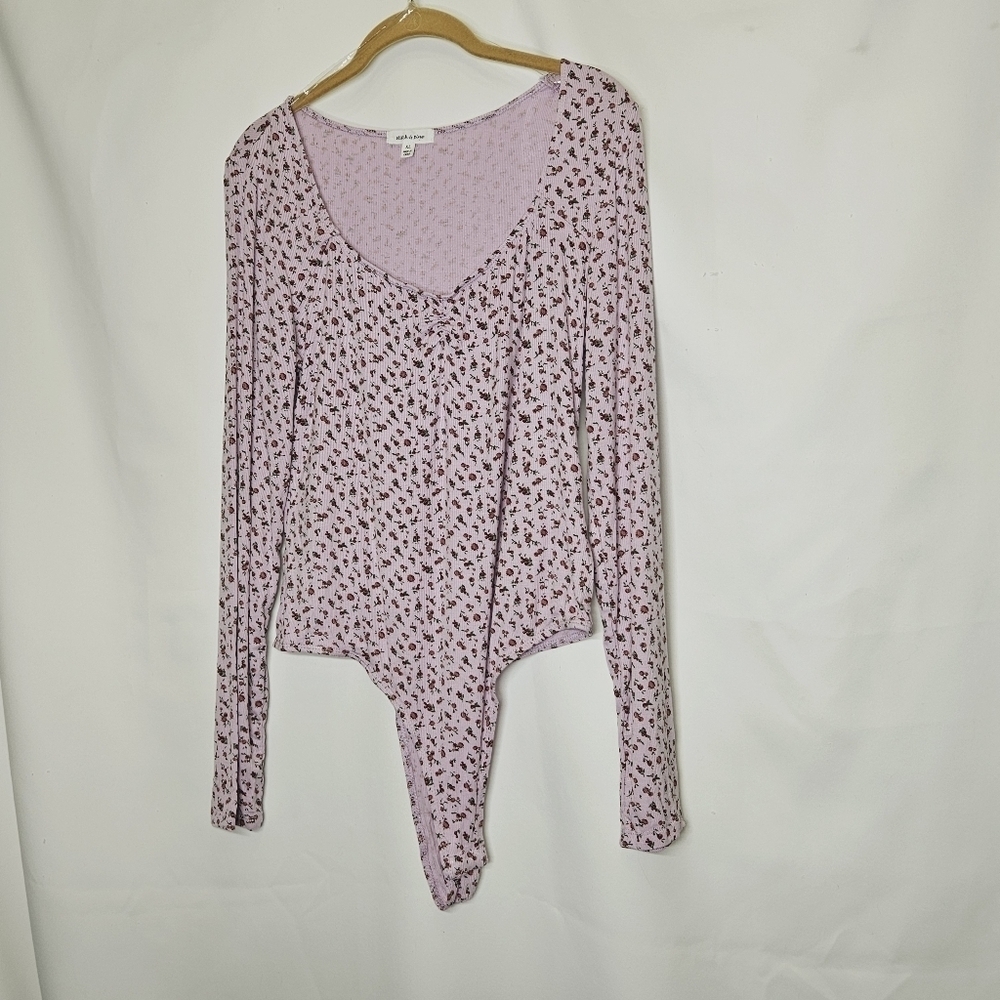 Stitches and Pine Long Sleeve Floral Bodysuit Snap Closure Ribbed Purple Size XL